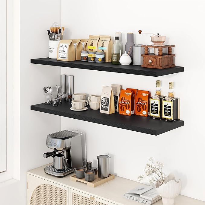48" Floating Shelves for Wall, 12" Deep Slim Black Floating Shelves, Wall-Mounted Shelves for Bedroom, Living Room, Kitchen, Bathroom - Set of 2-Ruum Studio Home