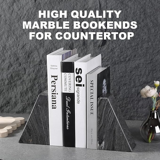 Marble Bookends for Heavy Books, Decorative Book Ends for Shelves, Titanium Black Stone Durable and Heavy-Duty Book Ends for Hardback Books & CDS, Unique Book Stopper & Holder, Set of 2-Ruum Studio Home