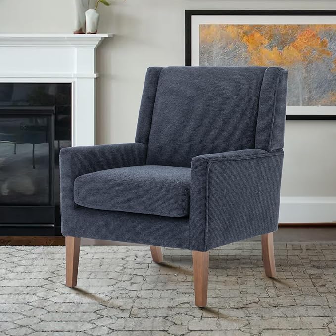 COLAMY Modern Wingback Living Room Chair, Upholstered Fabric Accent Armchair, Single Sofa Chair with Lounge Seat and Wood Legs for Bedroom/Office/Reading Spaces, Blue-Ruum Studio Home