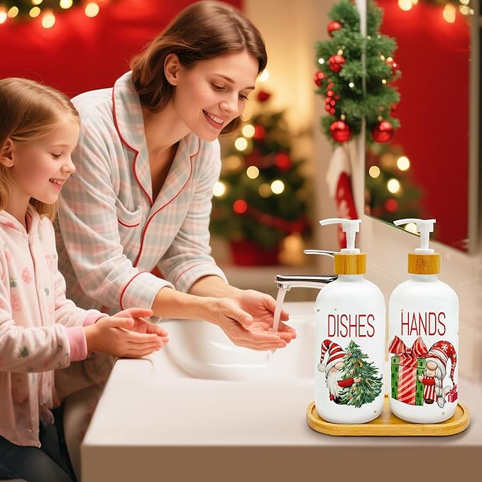 Hexagram Christmas Soap Dispenser Set of 2, Christmas Kitchen Decor, Xmas Gnomes Glass Soap Dispenser for Home Indoor Decorations, Xmas Refillable Lotion Essential Oil Dispensers with Pump-Ruum Studio Home