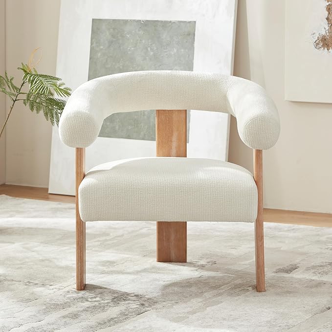 VKNOW Accent Chair Living Room Chair, Modern Upholstered Armchair with Solid Wood Legs, Comfy Barrel Arm Chairs for Living Room Bedroom, Cream-Ruum Studio Home