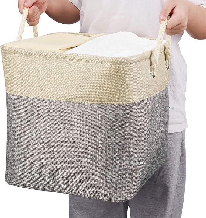 i BKGOO 3Pack Large Foldable Storage Bins，Collapsible Sturdy Cationic Fabric Organizing Storage Basket Cube with Cotton Handles for Home Office Shelf Clothes Toys Khaki-Grey 13×13×13 inch-Ruum Studio Home
