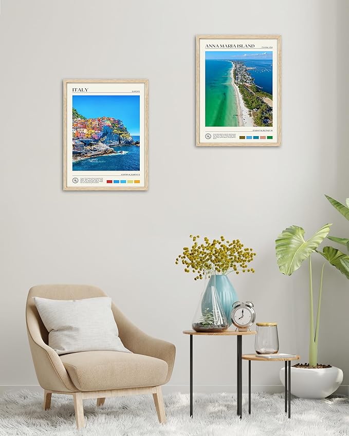 HesenDot Natural OAK Wood Framed Cinque Terre National Park Wall Art,12x16in Italian Natural Seascape Canvas Wall Print,Classic Urban Landmark Wall Decor for Living Room, Bedroom,Office Set of 1-Ruum Studio Home