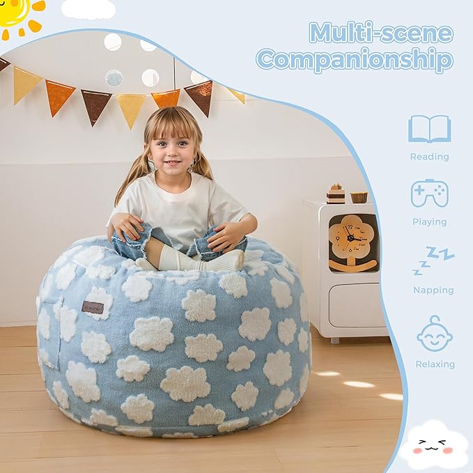 MAXYOYO Bean Bag Chair Bed for Kids, Convertible Bean Bag from Lazy Chair to Floor Bed, Fresh Cloud Design Cover, Stuffed Floor Sofa Couch for Boys and Girls, High-Density Foam Filling, Blue-Ruum Studio Home