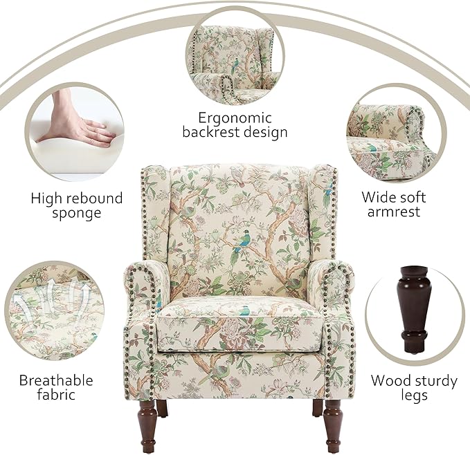 Lumibee Wingback Accent Chair, 2 Set High Back Floral Armchairs in Fabric,Comfy Upholstered Reading Single Sofa Chairs with Solid Wood Legs for Living Room,Bedroom,Office-Bird-Ruum Studio Home