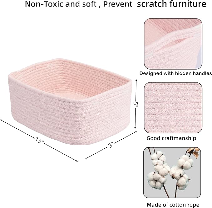 Small Woven Storage Baskets 13“X9”X5“ Decorative Rope Bins for Organizing Shelves, Closets, and Toys, Empty Gift Baskets, Cute Organizer Basket for Home and Office (pink, Large)-Ruum Studio Home