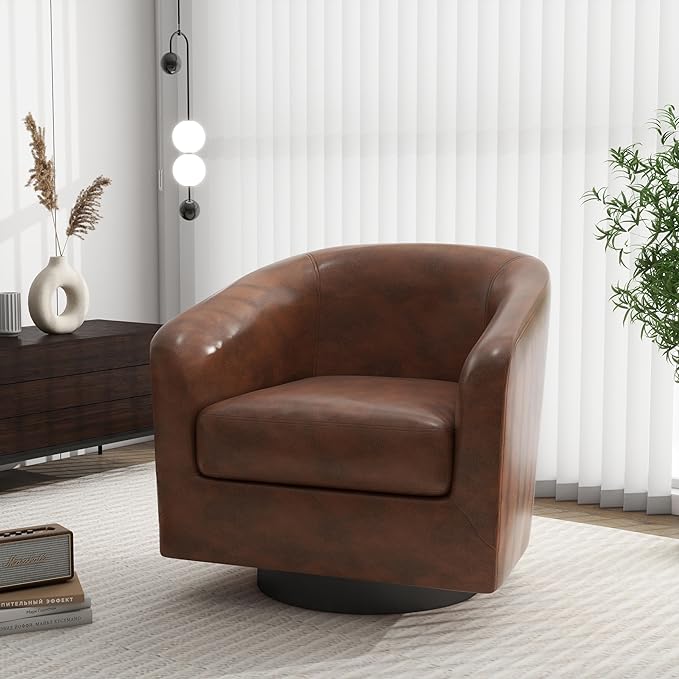 Swivel Barrel Accent Chair, Modern Round Faux Leather Arm Chair for Living Room, Bedroom, Comfy Club Reading Chairs for Adults(Faux Leather, Coffee, Set of 1)-Ruum Studio Home