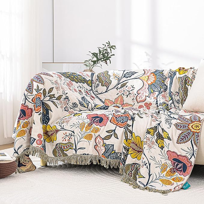 Snycler Boho Throw Blanket for Bed, 100% Organic Cotton Muslin Soft Throw-Floral Farmhouse Rustic Spring Summer Fall Decor Blanket for Couch Sofa Quilt and Gift, 60" x 80" White-Ruum Studio Home