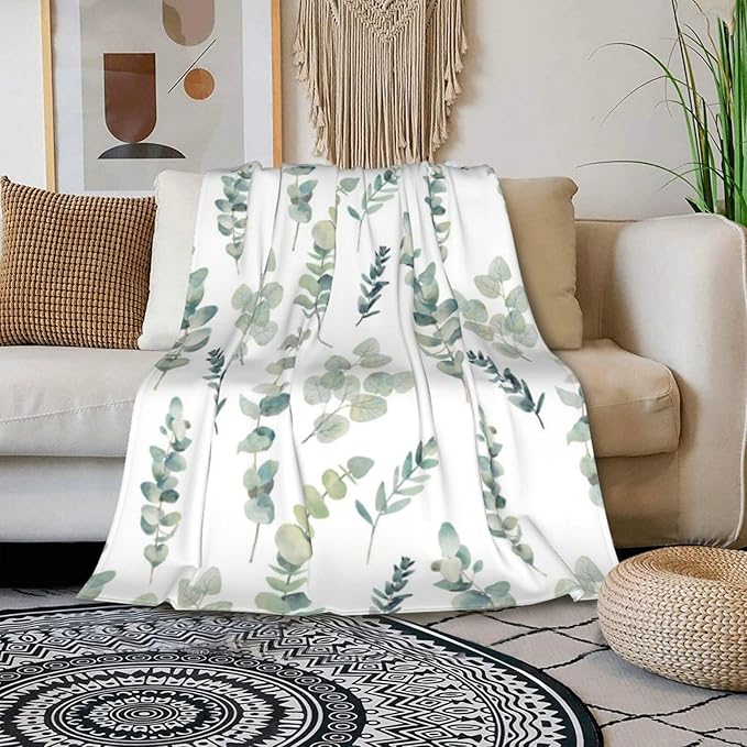 HGOD DESIGNS Watercolor Eucalyptus Flannel Fleece Bed Blanket Throw Blanket Lightweight Cozy Plush Blanket for Bedroom Living Rooms Sofa Couch 40"x50"-Ruum Studio Home