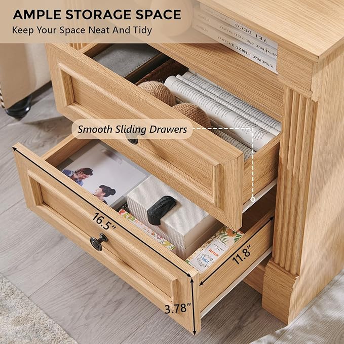 26" Tall Farmhouse Nightstand, 2 Drawers End Table w/Charging Station, 23.6" Wide Large Side Table w/Roman Column, Wood Rustic Sofa Table w/Open Shelf, Bedside Table for Bedroom, Natrual-Ruum Studio Home
