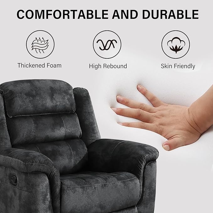 EBELLO Manual Recliner Chair, Soft Fabric Recliner Sofa with Overstuffed Armrest and Backrest for Living Room, Bedroom, Grey-Ruum Studio Home