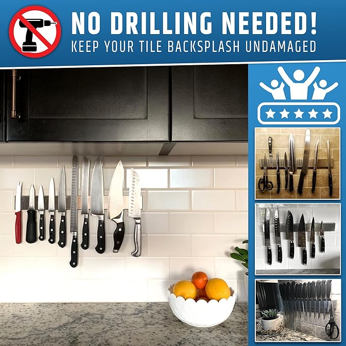 Strong Adhesive (No Drill) Magnetic Knife Holder for Wall - Professional 17 Inch Knife Strip - No Screws Needed - Adhesive Backing - Stainless Steel Knife Bar (Upgraded Version – Will Not Fall)-Ruum Studio Home