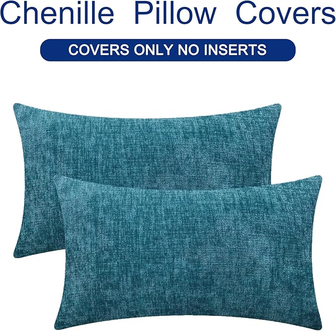 CaliTime Throw Pillow Covers Decorative 16 X 26 Inches Pack of 2 Cozy Chenille Cushion Cases for Couch Sofa Bed Living Room Home Ocean Blue-Ruum Studio Home