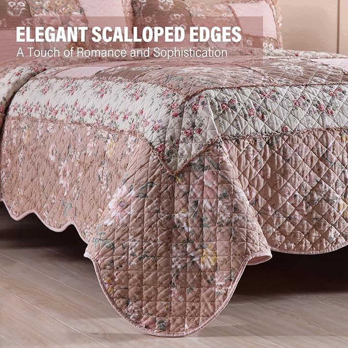 NEWLAKE Quilt Set Queen Size, Cotton Patchwork Pink Floral Quilt Sets, Real Stitched Embroidery Bedspread Lightweight and Breathable for All Seasons, Soft Quilted with 2 Pillow Shams-Ruum Studio Home