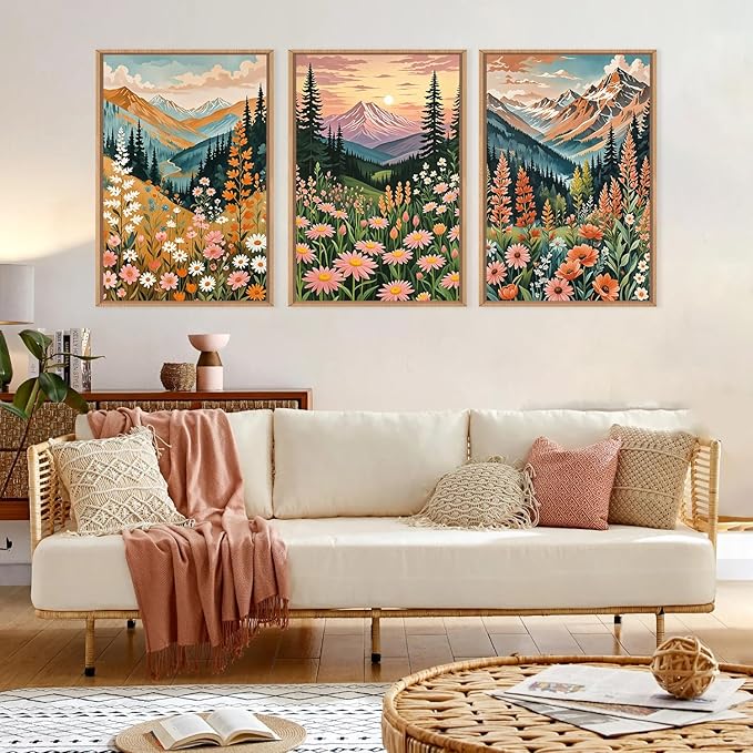 HPINUB Mountain Sunset Floral Framed Canvas Wall Art Set,Colorful Wildflower Daisy Flower Wall Decor,Boho Blossom Botanical Artwork Modern Nature Landscape Art Print for Living Room,Bedroom-16 x24 x3-Ruum Studio Home