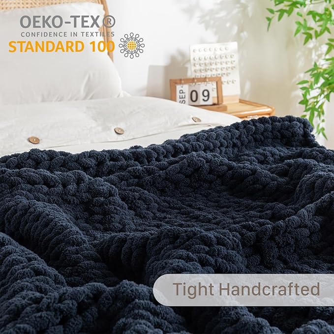 Chunky Knit Blanket Throw, 100% Hand Knit Throw Blanket Handmade Chenille Cable Knit Throw for Couch, Stylish Cozy Soft Rope Knot Crochet Blanket for Home Decor, Navy Blue, 50x60 Inches-Ruum Studio Home