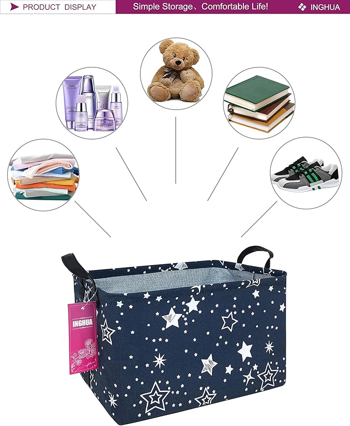 Rectangular Storage Basket Fabric Organizer Bin for Toys,Books,Clothes,Gifts,Pets-Perfect for Home,Office,Nursery,Dorm,Shelf(Rec-Blue star )-Ruum Studio Home