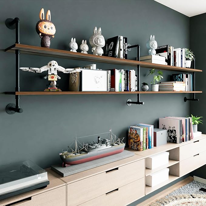 Industrial Pipe Wall Shelves Pipe Shelving with Real Wood Plank,70 Inches Floating Shelves for Wall Farmhouse Pipe Book Shelves Dark Brown 2 Tier for Kitchen,Living Room Decor and Bar Shelving-Ruum Studio Home