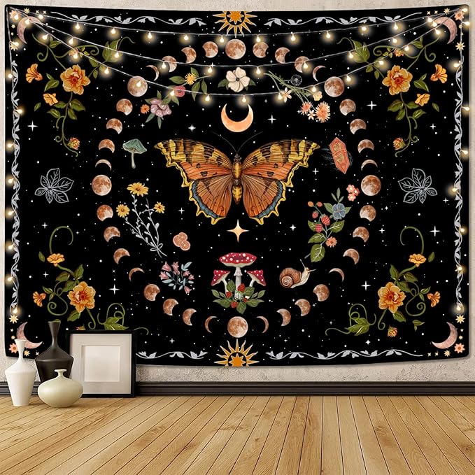 Aipon Orange Butterfly Moon Flower Tapestry Botanical Floral Plant Boho Tapestry for Bedroom Aesthetic Vintage Tapestries Wall Hanging for Living Room Dorm (60.00'' × 80.00'', Orange)-Ruum Studio Home