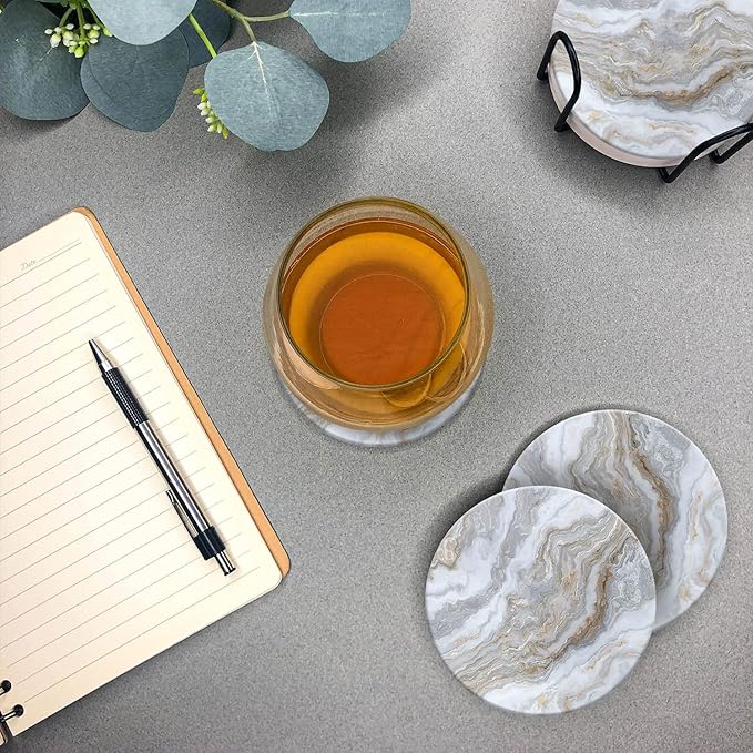 Emerson Coasters for Drinks Absorbent – Natural Stone Drink Coasters Set with Holder, Coasters for Coffee Table, Wooden Tabletop Protection Marble Style – 100% Heavy Duty Set of 6 (Sky)-Ruum Studio Home