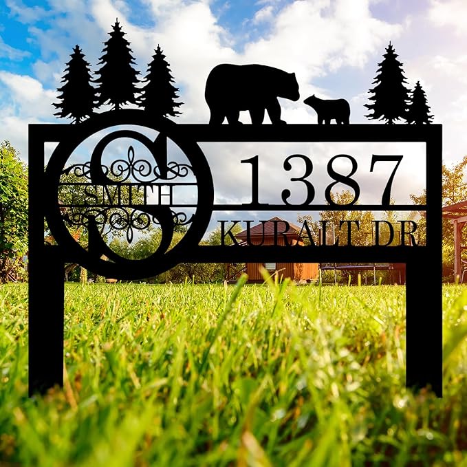 Personalized Custom Bear Wildlife Decor with Metal Stake - Address House Number Name Sign for Farmhouse, Yard, Camping-Ruum Studio Home