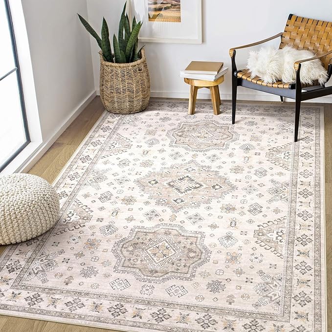 Washable Area Rugs for Living Room - 5x7 Neutral Vintage Distressed Floral Farmhouse Boho Large Soft Floor Rug Indoor Non Slip Carpet for Living Room Bedroom Dining Room Office - Beige Brown-Ruum Studio Home