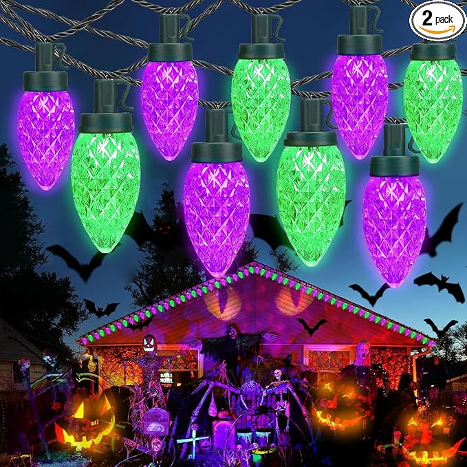 Extendable Purple and Green 2PK 100 LED C9 Halloween Lights Indoor Outdoor Waterproof, 98FT Super Bright C9 String Lights 13 Modes with Timer for Tree Patio Party Garden Halloween Decorations-Ruum Studio Home