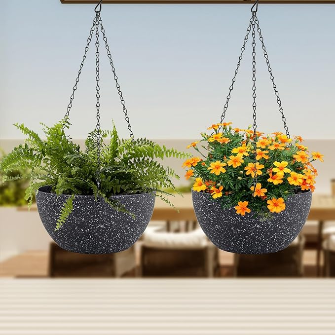 12 inch Large Hanging Planters for Indoor Outdoor Plants, 2 Pack Hanging Flower Pots with Drainage Holes and Chain for Garden Porch, Plastic Hanging Baskets for House Plants, Speckled Black-Ruum Studio Home