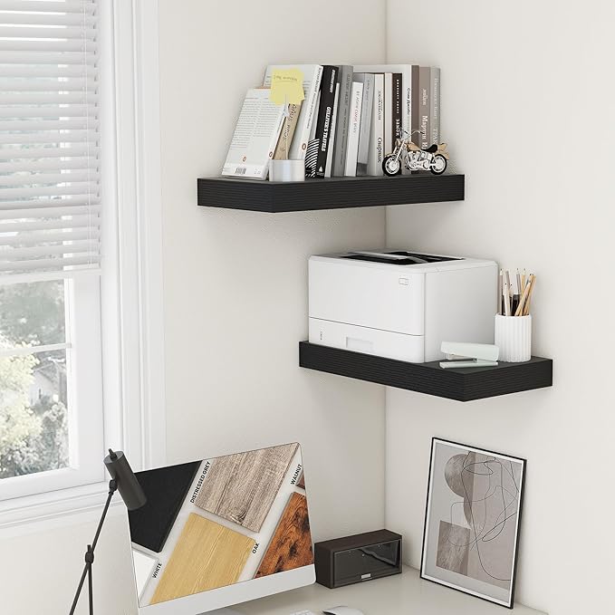 Deep Floating Shelves for Wall, 24W x 12D Black Floating Shelves Set of 2, 12'' Deep Large Wood Shelves for Living Room Bathroom Laundry Room Bedroom Kitchen Home Office - Black-Ruum Studio Home