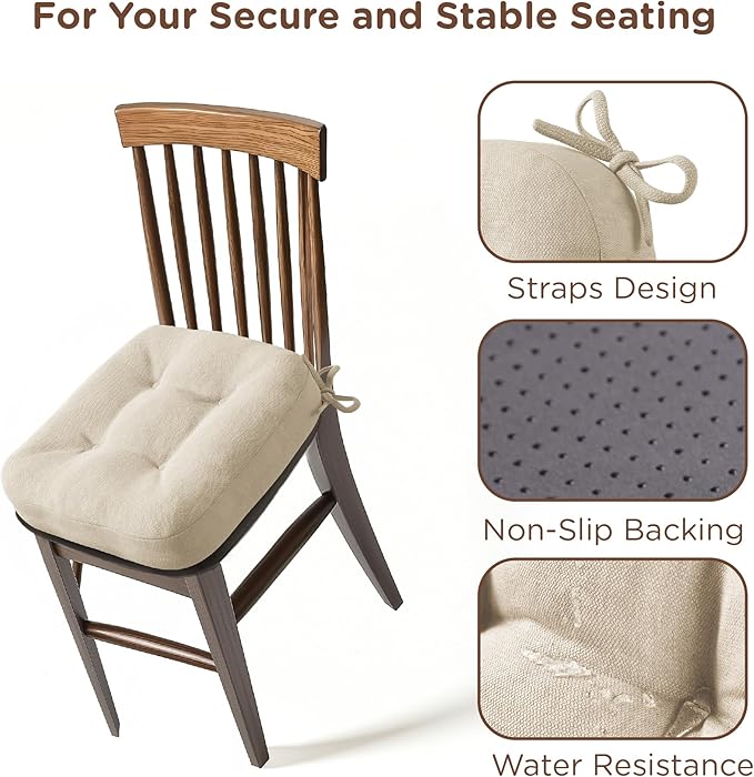 Codi Dining Chair Cushions 2 Pack, Thick Chairs Pads for Indoor Kitchen Room - Washable, Non-Slip Memory Foam Seat Cushion with Ties, 16.5"x16.5"x 3.5", Set of 2, Beige-Ruum Studio Home
