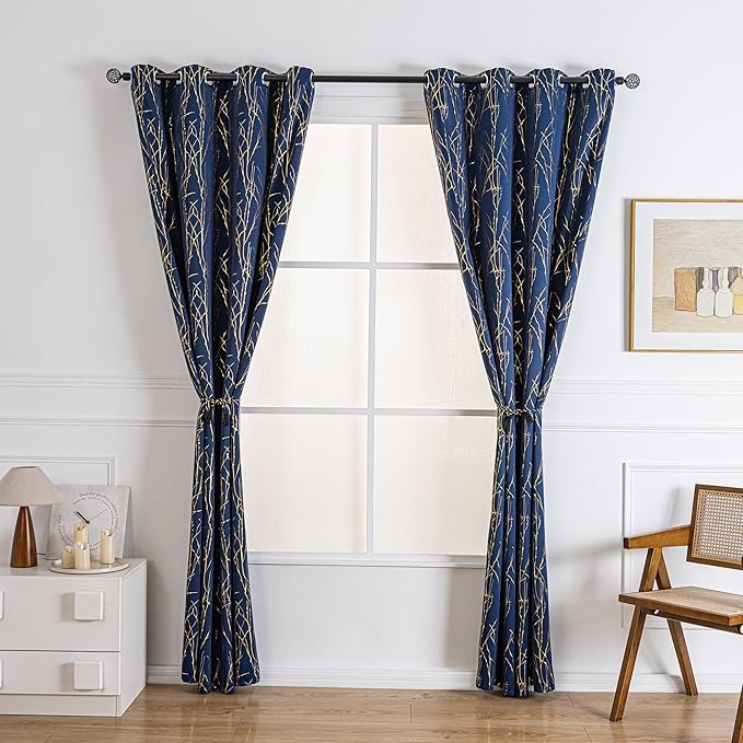 Grommets Blackout Long Window Curtains Navy Blue Gold-52W*95L 2PCS Drapes for Bedroom-Ruum Studio Home