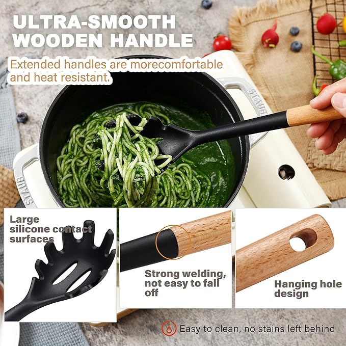 QMVESS Silicone Cooking Utensils Set, Kitchen Utensils Set 7 Pcs with Long Wooden Handle, Food Grade and Heat Resistant Large Silicone Spatula Set for Nonstick Cookware, BPA Free（Black）-Ruum Studio Home