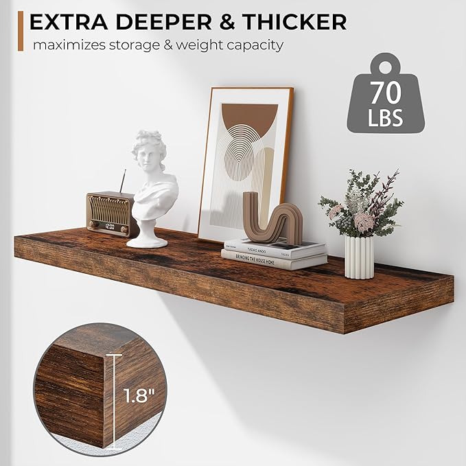 Fun Memories Floating Shelves - 2 Pack 12 Inch Rustic Wooden Wall Shelves - Extra Deeper & Thicker Wall Mounted Storage Shelf for Living Room, Kitchen, Farmhouse - 36" W x 12" D x 1.8" H - Brown-Ruum Studio Home