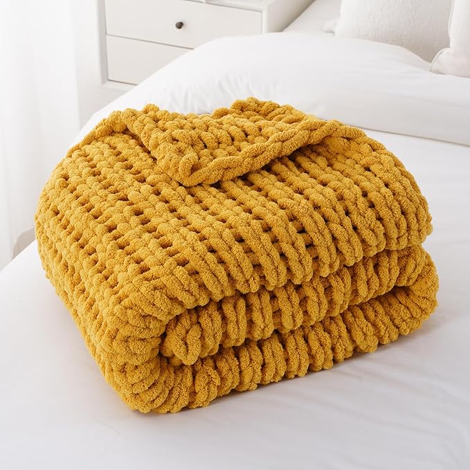 Battilo Chunky Knit Throw Blanket, Soft and Thick Chenille Throw Blanket, 50"x60" Handmade Cable Knit Crochet Blanket, Large Rope Knot Throw Blankets for Couch Sofa Bed Home Decor, Mustard-Ruum Studio Home