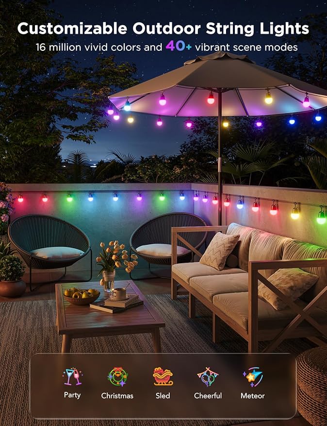 Govee Smart Outdoor String Lights 2, 48ft Outdoor Lights with Dimmable Warm White LED Bulbs, 47 Scene Modes for Patio, Backyard, Balcony, IP65 Waterproof, Works with Alexa, App Control-Ruum Studio Home