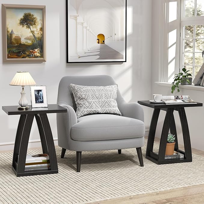 End Tables Living Room, Side Table Beside Sofa, Nightstand for Bedroom, Couch Side Table with Shelf, Modern End Table for Living Room, Black End Table Set of 2-Ruum Studio Home
