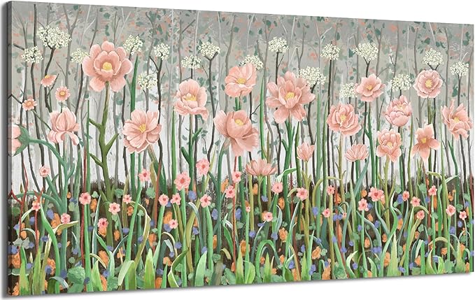 amatop Extra Large Floral Wall Picture for Living Room Modern Botanical Canvas Prints Flower Field Wall Decor Abstract Nature Art Wildflower Garden Pink Green Stretched Artwork Bedroom Office 58x29 in-Ruum Studio Home