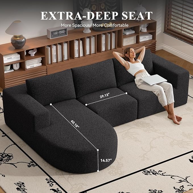 Modular Sectional Sofa with L-Shape Chaise,Cloud Sectional Modern Sleeper Couch with Deep Seat,Sponge Compression Sofas No Assembly Required (Black-Sherpa Fabric) 1PCS-Ruum Studio Home