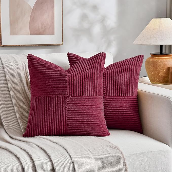 Fancy Homi 2 Packs Burgundy Samll Decorative Throw Pillow Covers 14x14 Inch with for Couch Bed Sofa, Rustic Farmhouse Boho Home Decor, Soft Corss Patchwork Corduroy Square Cushion Case 35x35 cm-Ruum Studio Home