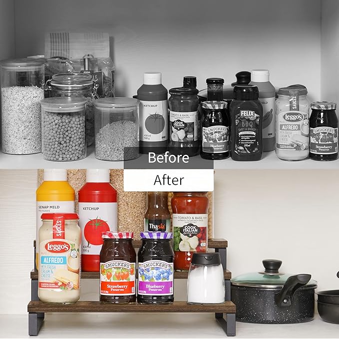 Giikin 3-Tier Spice Rack, 13.8 Inch Wood Step Shelf Countertop Spice Storage Holder, Kitchen Pantry Cabinet Organizer Cupboard for Spice Bottles, Jars, Seasonings, Baking Supplies, Metal Frame-Ruum Studio Home