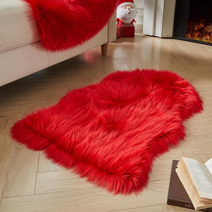 AMTOVO Faux Fur Rug, Red Small Area Rug, Fluffy Sheepskin Rug, Fuzzy Ultra Soft 2 x 3 ft Shag Rugs for Bedroom Sofa Throw Cushion Room Decor, Sheepskin-Ruum Studio Home