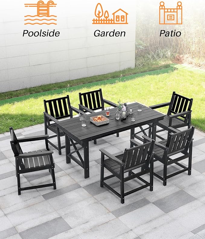 HDPE Patio Dining Set, 5-Piece Outdoor Table and Chairs with Umbrella Hole, Modern Outdoor Dining Set for 4, HDPE Outdoor Patio Furniture Dining Sets for Deck, Poolside, Porch, Obsidian-Ruum Studio Home