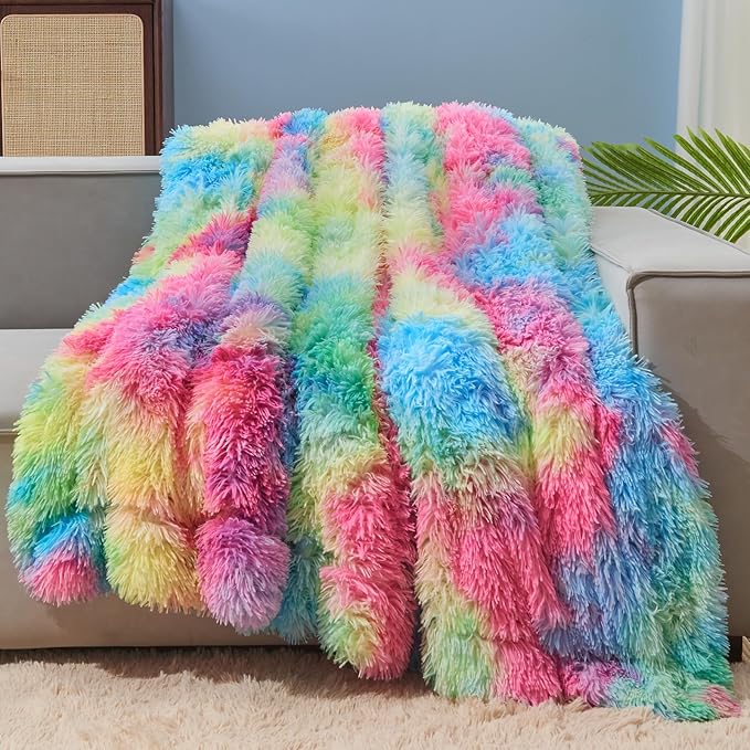 GONAAP Fuzzy Faux Fur Throw Blanket Twin Size Dark Rainbow Super Soft Cozy Plush Fuzzy Shaggy Blanket for Couch Sofa Bed (Dark Rainbow, Twin(60"x80"))-Ruum Studio Home