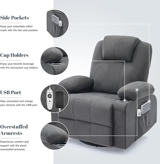 Oversized Swivel Rocker Recliner Chair with Heat and Massage, 360 Degree Swivel Rocking Single Sofa with Cup Holders and USB Port, Big Large Recliner Chair for Living Room (Fabric, Darkgrey)-Ruum Studio Home