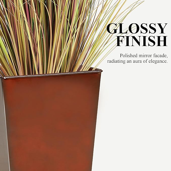 WORTH Garden 25" Large Metal Glazed Planter Set of 2, Luxurious Glossy Finish Red Tall Square Tapered Steel Plant Pots, Decor Flower Pot Indoor & Outdoor, Drainage Hole & Dual-Purpose Plant Saucer-Ruum Studio Home