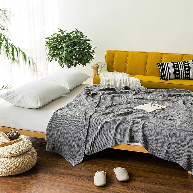 EMME Cotton Blanket Muslin Throw Blanket for Couch Breathable Gauze Blanket All Season Soft and Lightweight Muslin Blankets for Adults (Grey, 50"x70")-Ruum Studio Home