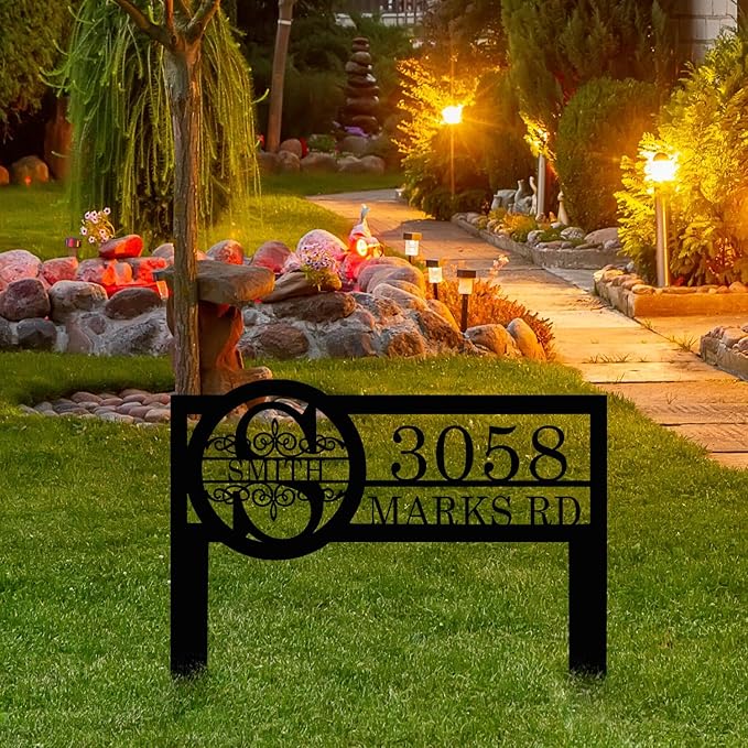 Personalized Metal Yard Address Sign with Last Name and Monogram, House Number Sign for Lawn and Patio-Ruum Studio Home
