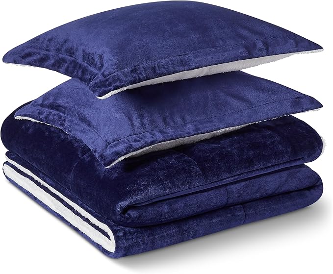 Amazon Basics Reversible Sherpa Comforter Set with Pillow Sham, Navy, Queen/Full-Ruum Studio Home