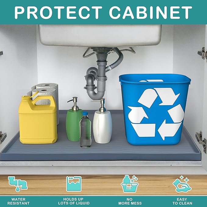 URMONA Waterproof Silicone Under Sink Mat 16'' x 10'' Shelf Liner for Kitchen and Bathroom, Cabinet and Counter Protector, Storage and Organizers, Litter Mat, Pet Cat Puppy Essentials(Black)-Ruum Studio Home