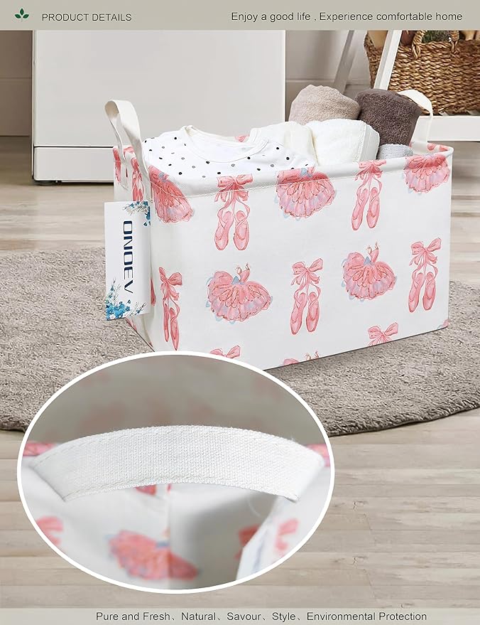 Rectangular Folding Laundry Basket,waterproof Canvas Basket,gift basket,Suitable for children's room,Office,Clothes,Toys Storage(Pink lace dance shoes)-Ruum Studio Home